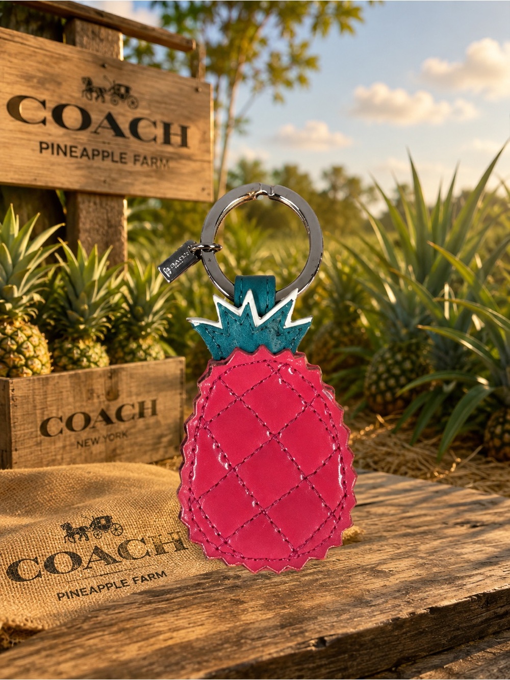 Coach Pink and Teal Pineapple Quilted Leather Keychain